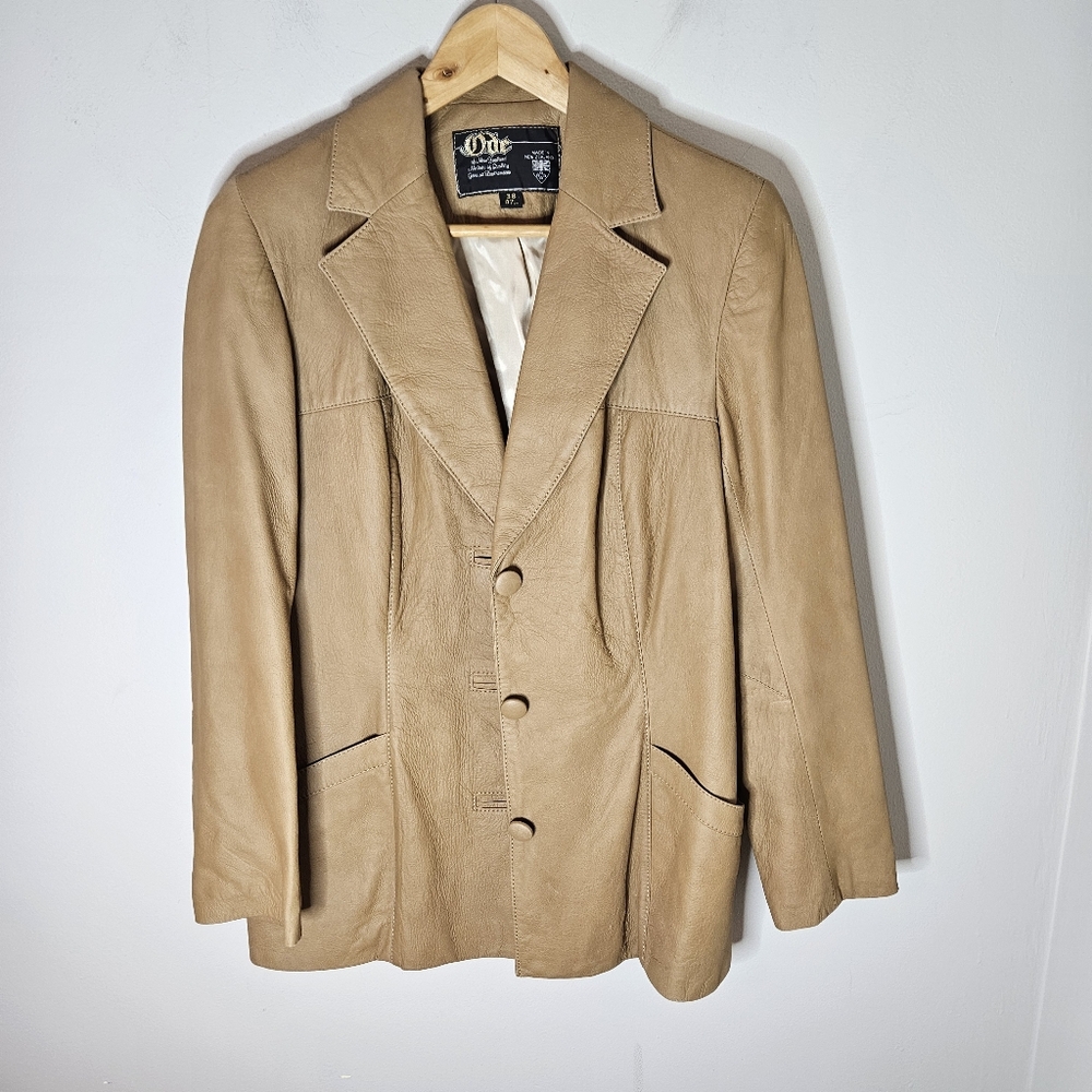 Vintage Leather Blazer Jacket Tan 90s Y2k Women's 38 S Small